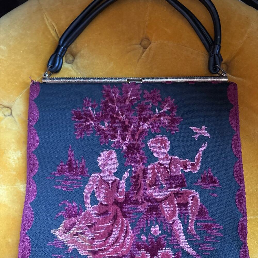 Vintage Victorian Pink Carpetbag Purse Tapestry Courting Scene Handbag
